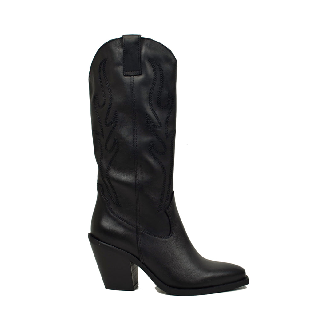 Hohe texanische Stiefel aus schwarzem Leder, weicher Schaft, Absatz 8 cm - 2