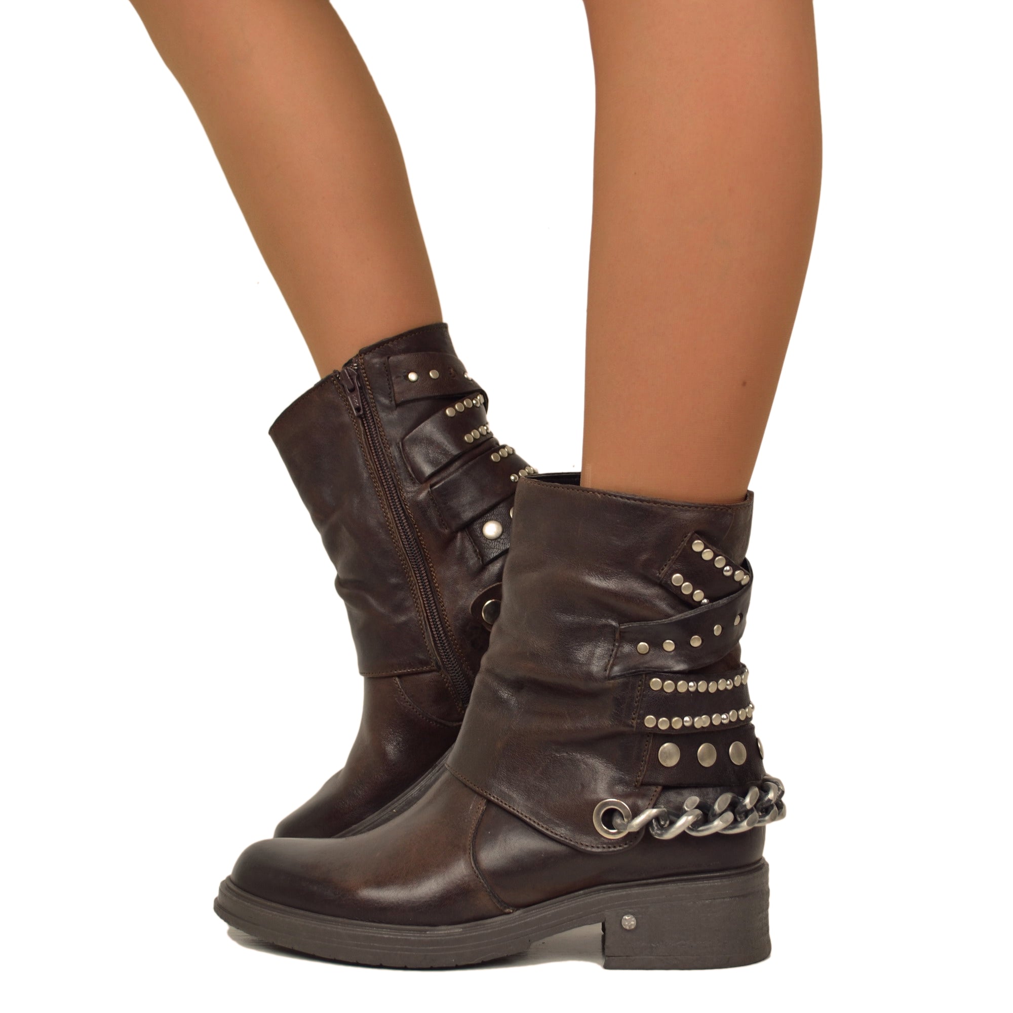 Women's Black Leather Ankle Boots with Chain and Studs Made in