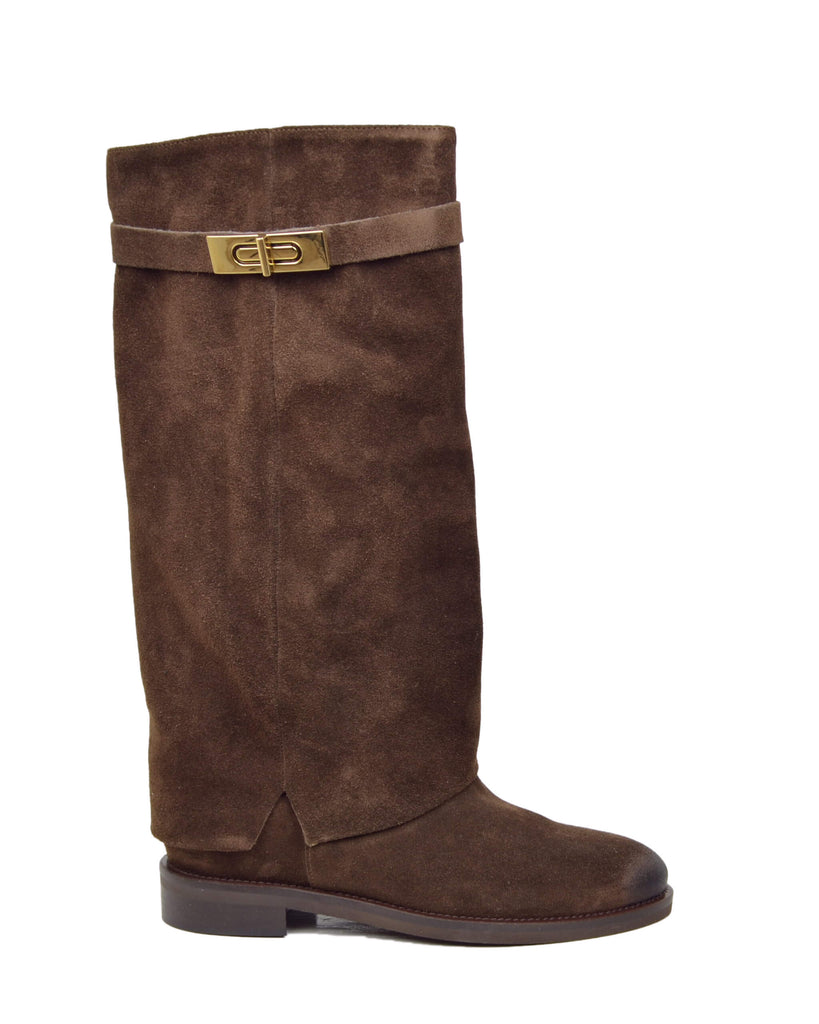 Stivali Zeppa Interna Gambale Largo Pelle Scamosciata Testa di Moro - 7