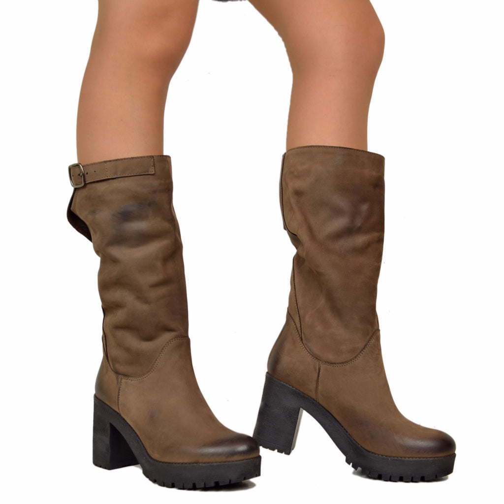 Brown Nubuck Leather Women's Boots with Heel Made in Italy - 5