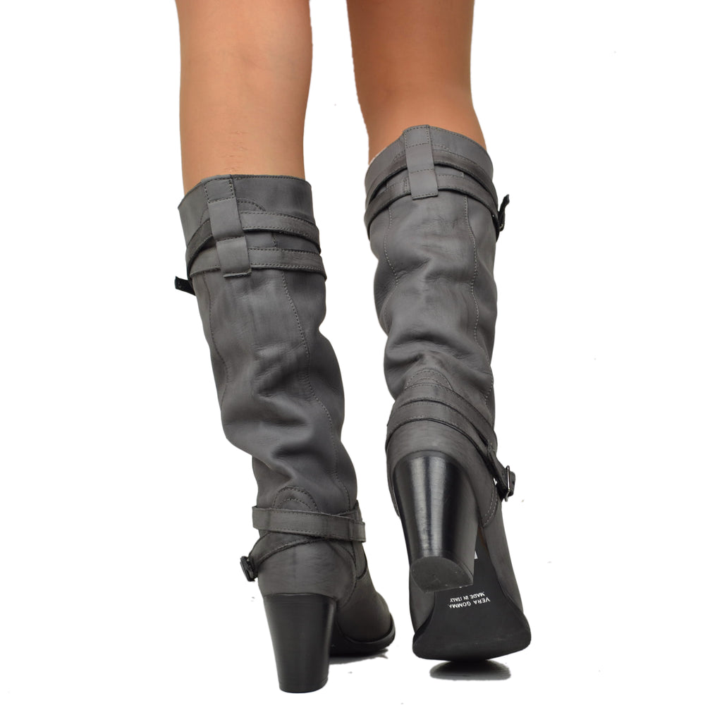 Women's Boots in Genuine Nubuck Leather with Medium Heel Dark Grey - 5