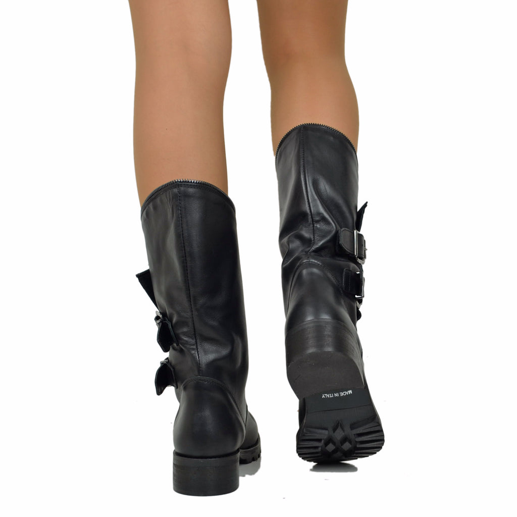 Biker Boots with Wide and Adjustable Calf with Zip in Real Black Leather - 5