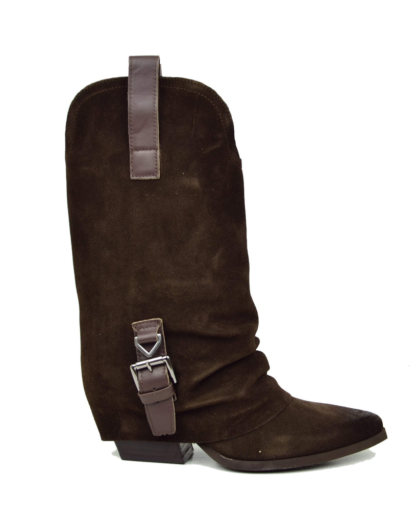 Stivali Texani Donna in Pelle Scamosciata Testa di Moro con Ghetta e Fibbia - 2