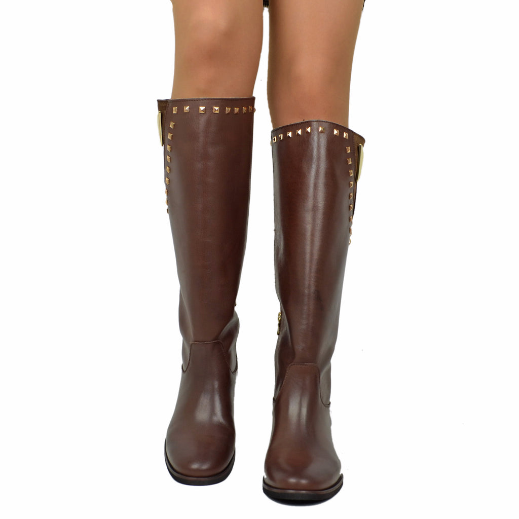 Boots with Internal Wedge and Studs Made in Italy in Dark Brown Leather - 4
