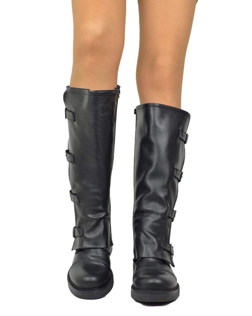 Damen Biker Stiefel Schwarz Leder Weitschaft XL Curvy mit Schnallen – Made in Italy - 5
