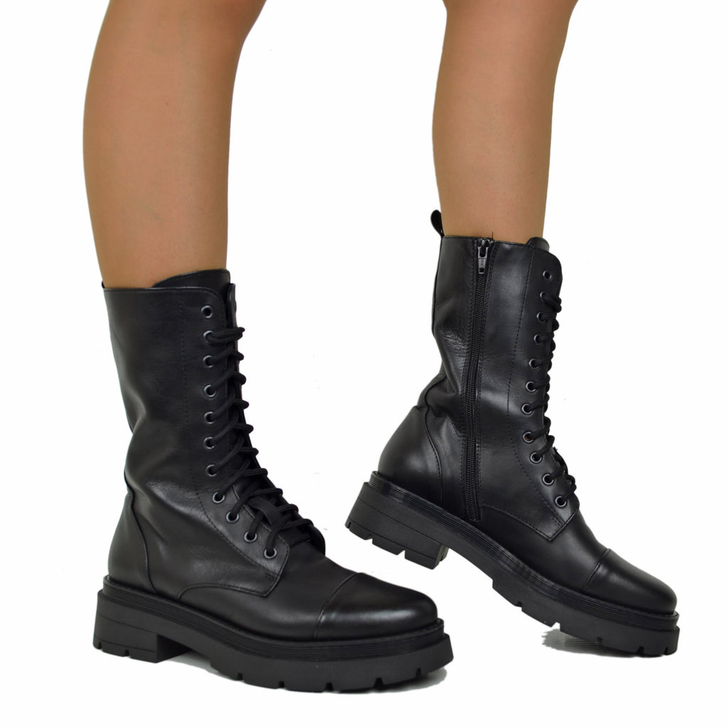 Schwarze Amphibian-Damenstiefel mit Reißverschluss und Plateausohle, hergestellt in Italien - 4
