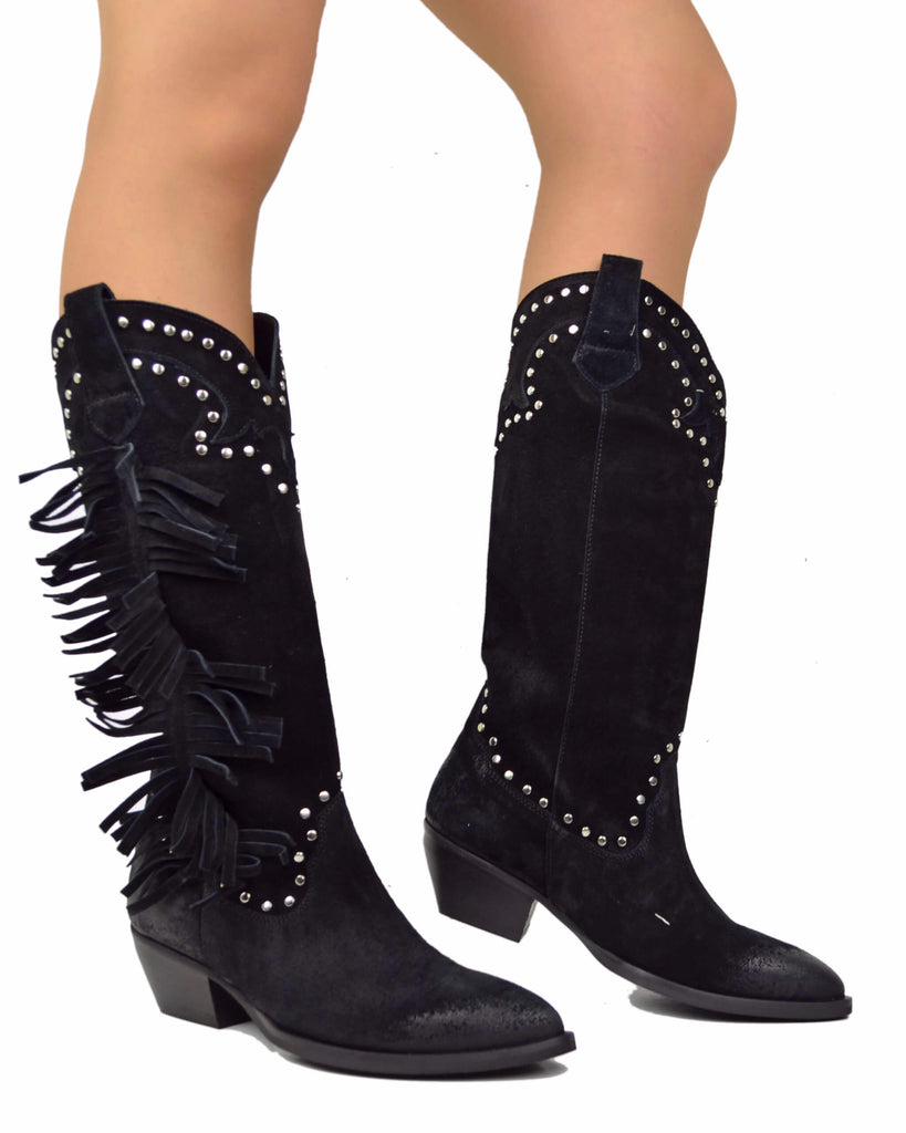 Black Suede Fringed Cowboy Boots – Handmade in Italy - 4