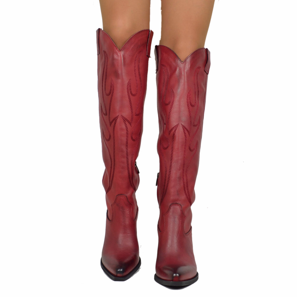 Knee High Texan Boots 9cm High Heel Genuine Leather Red - 6