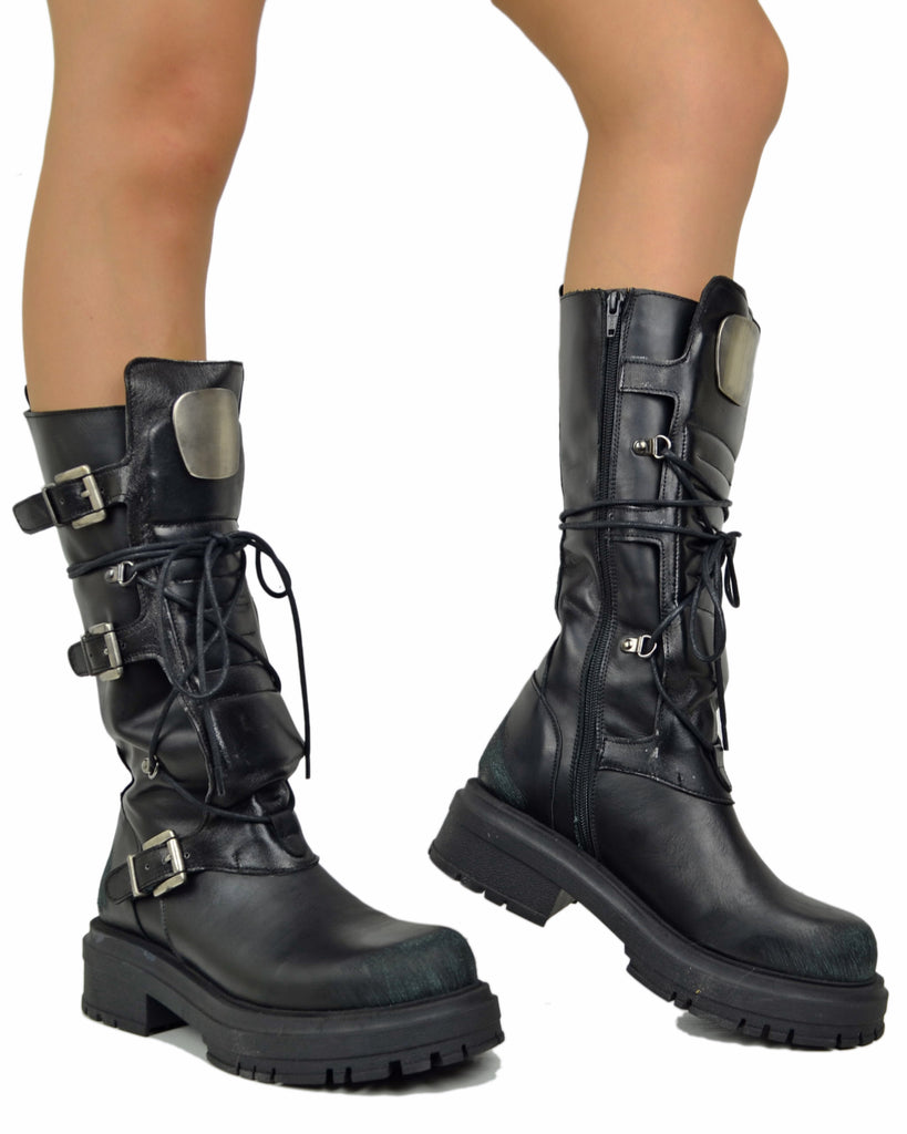 High Combat Boots Rock Platform with 4 Silver Buckles in Metallic Black Leather - 6