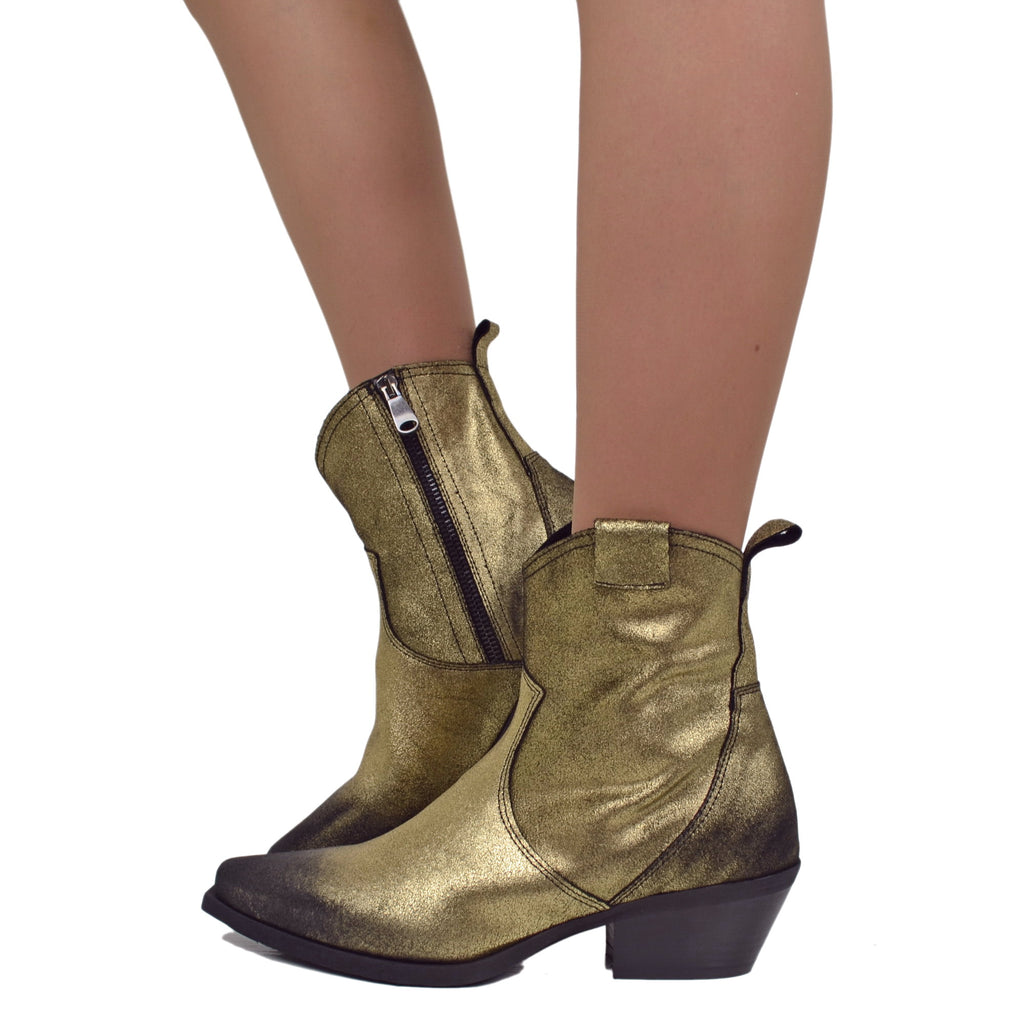Damen Texanische Stiefeletten aus laminiertem Vintage Platin Leder