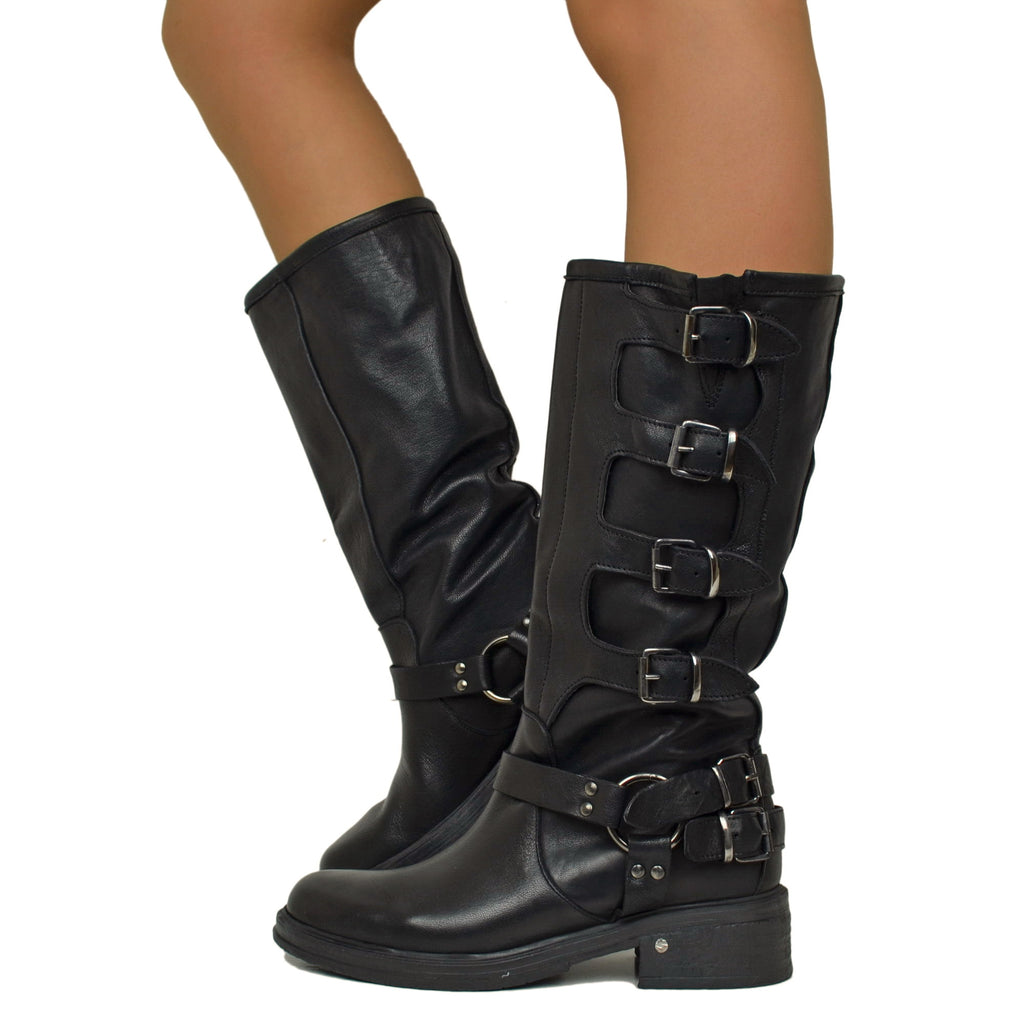 Black 5 Buckle Biker Boots with Rounded Toe in Leather
