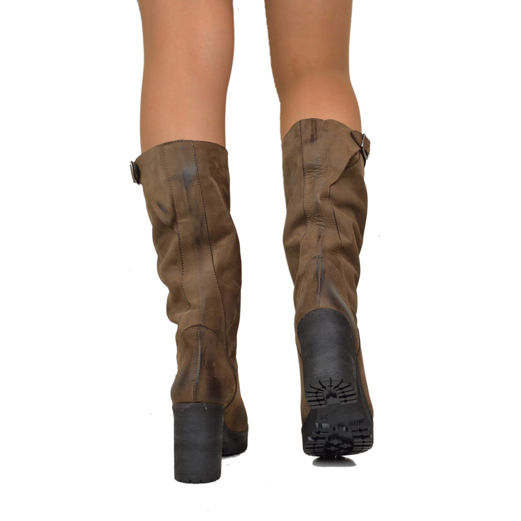 Brown Nubuck Leather Women's Boots with Heel Made in Italy - 6