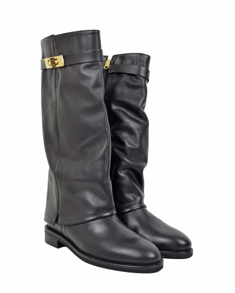 Black Leather Boots with Hidden Wedge – Wide Calf & Gold Detail - 2