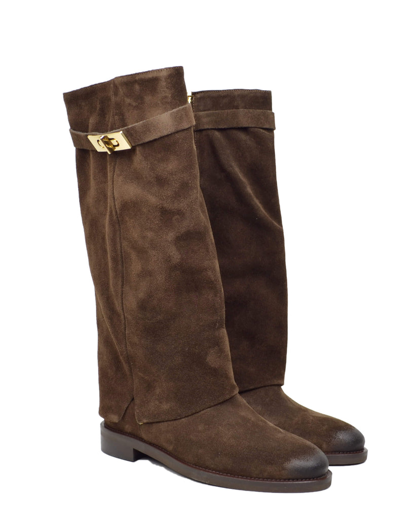 Stivali Zeppa Interna Gambale Largo Pelle Scamosciata Testa di Moro - 3