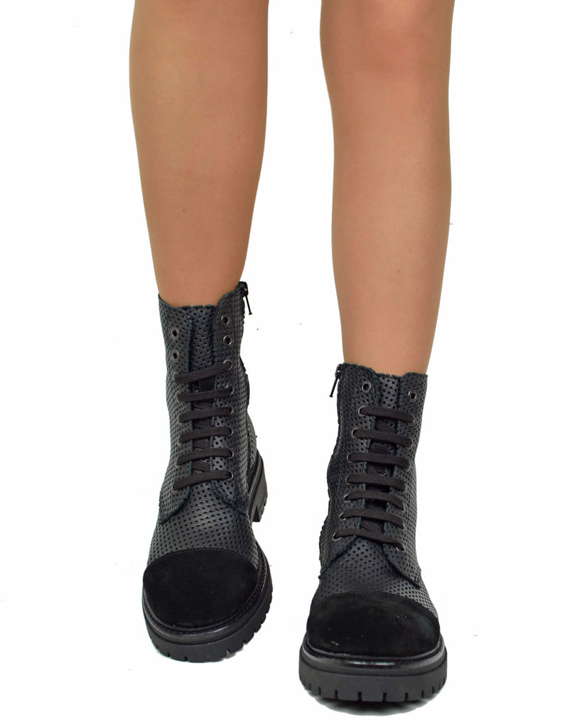 Lochmuster-Schnürboots Damen Sommer Echtleder, Wildlederkappe, Schwarz - 2