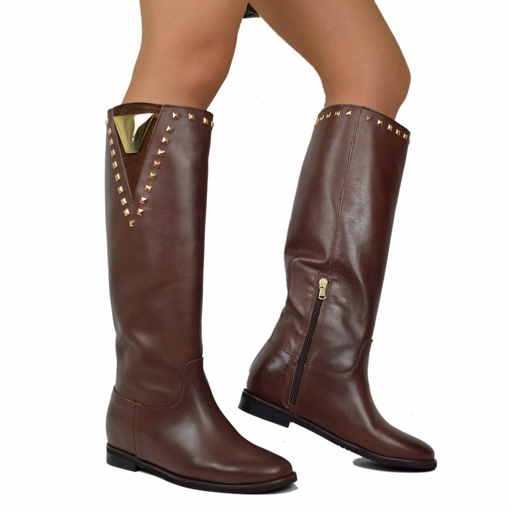 Boots with Internal Wedge and Studs Made in Italy in Dark Brown Leather - 5