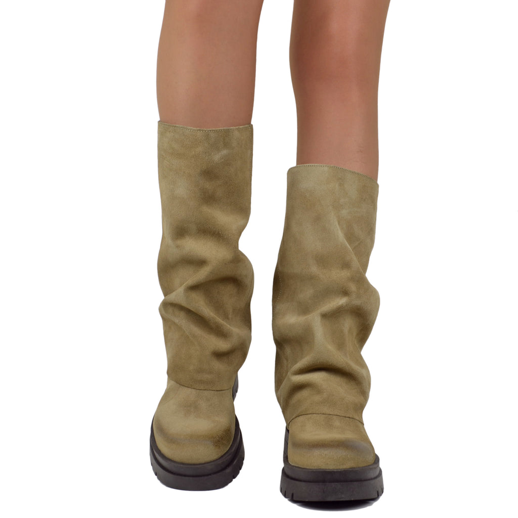 Biker Boots Taupe con Ghetta in Pelle Scamosciata Fondo Platform Pianta Larga - 4