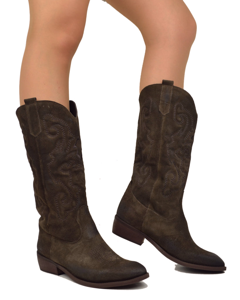 Bottes Western en Daim Matelassé Talon 4 cm Marron - 3