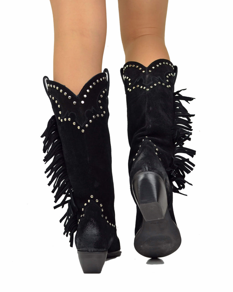 Black Suede Fringed Cowboy Boots – Handmade in Italy - 5
