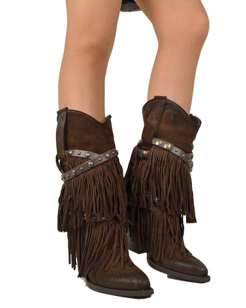 Texanische Fransenstiefel aus echtem Wildleder – Cowboy-Stil, Dunkelbraun - 3