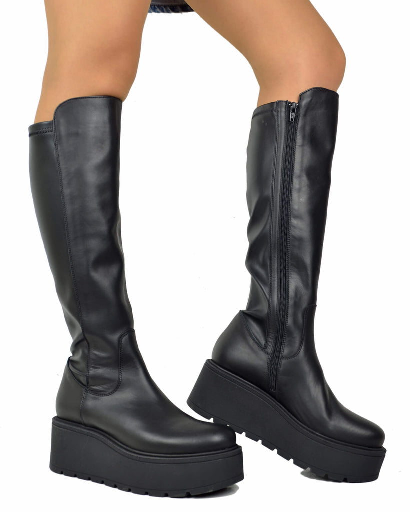 Stivali Platform Calza Elasticizzati e Vera Pelle Grunge Rock Neri - 4