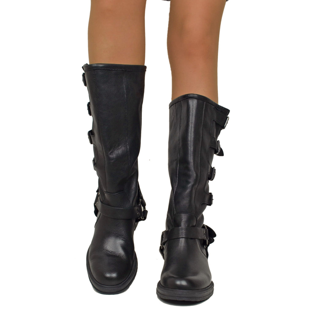 Black 5 Buckle Biker Boots with Rounded Toe in Leather - 3