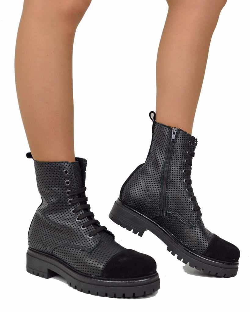 Lochmuster-Schnürboots Damen Sommer Echtleder, Wildlederkappe, Schwarz - 3