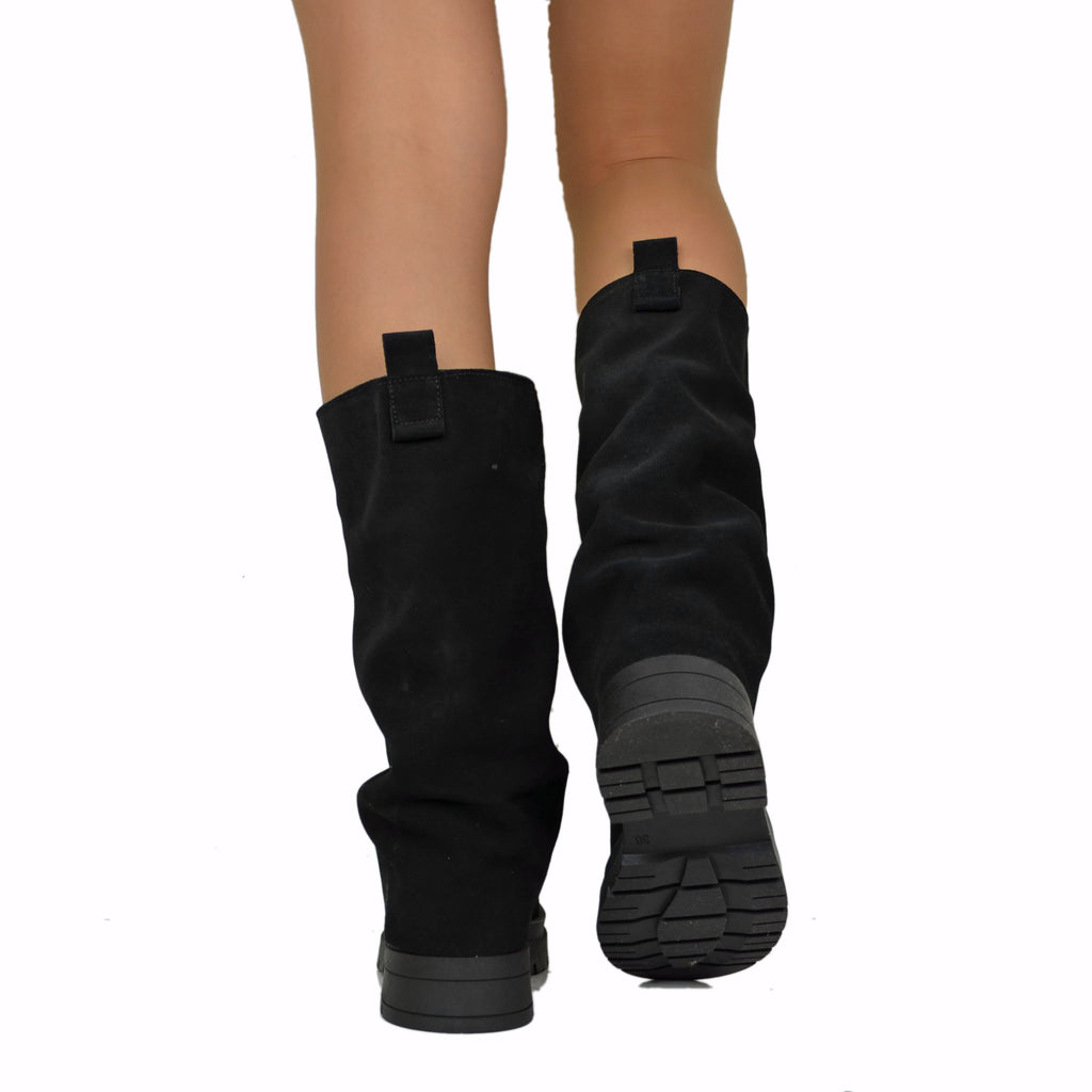 Biker Boots con Ghetta in Pelle Fondo Platform Pianta Larga Camoscio Nero - 3