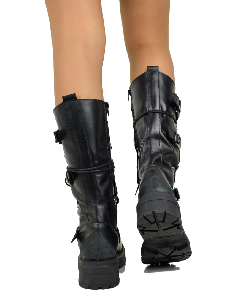 High Combat Boots Rock Platform with 4 Silver Buckles in Metallic Black Leather - 3