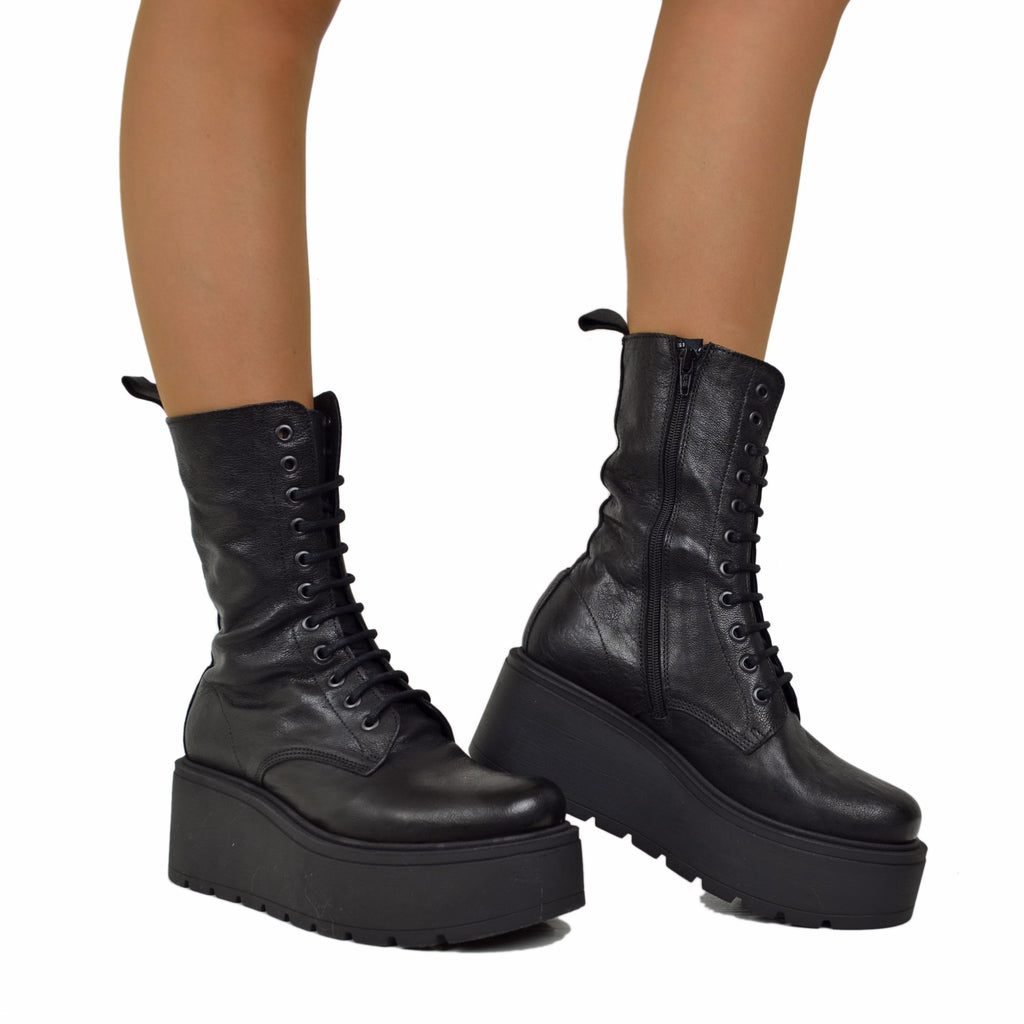Hohe Plateaustiefeletten aus weichem Echtleder, Chunky Boots, Schwarz - 5