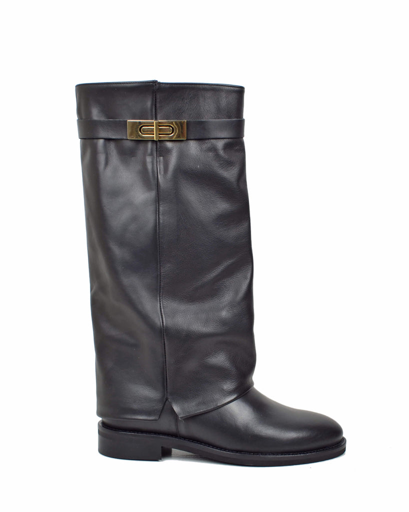 Black Leather Boots with Hidden Wedge – Wide Calf & Gold Detail - 6