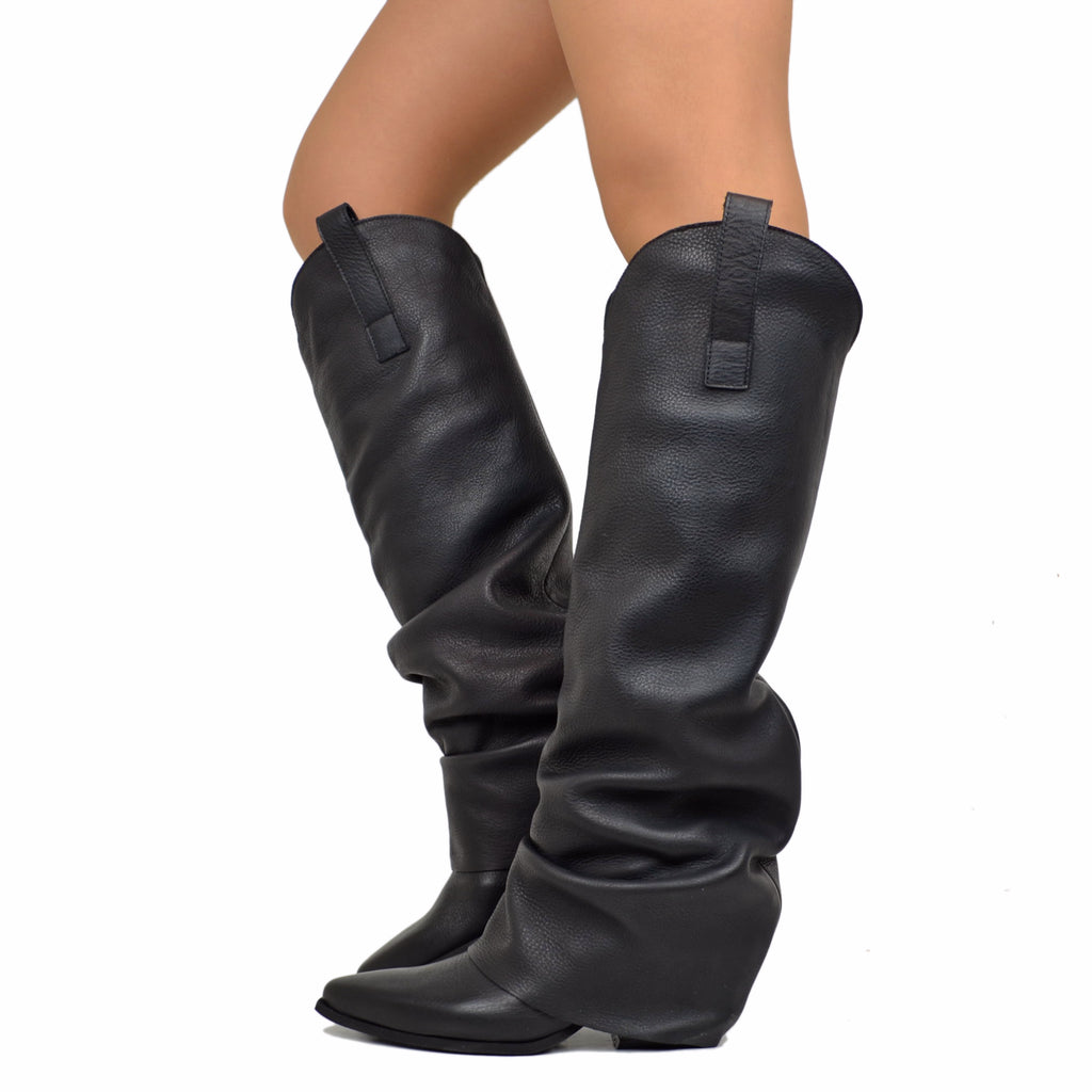 Black Texan Boots with Tumbled Leather Gaiter Made in Italy