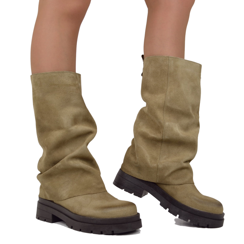 Biker Boots Taupe con Ghetta in Pelle Scamosciata Fondo Platform Pianta Larga - 5