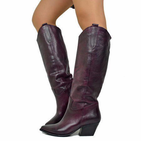 Bordeauxrote Texan-Stiefel aus Leder mit breitem Absatz, hergestellt in Italien