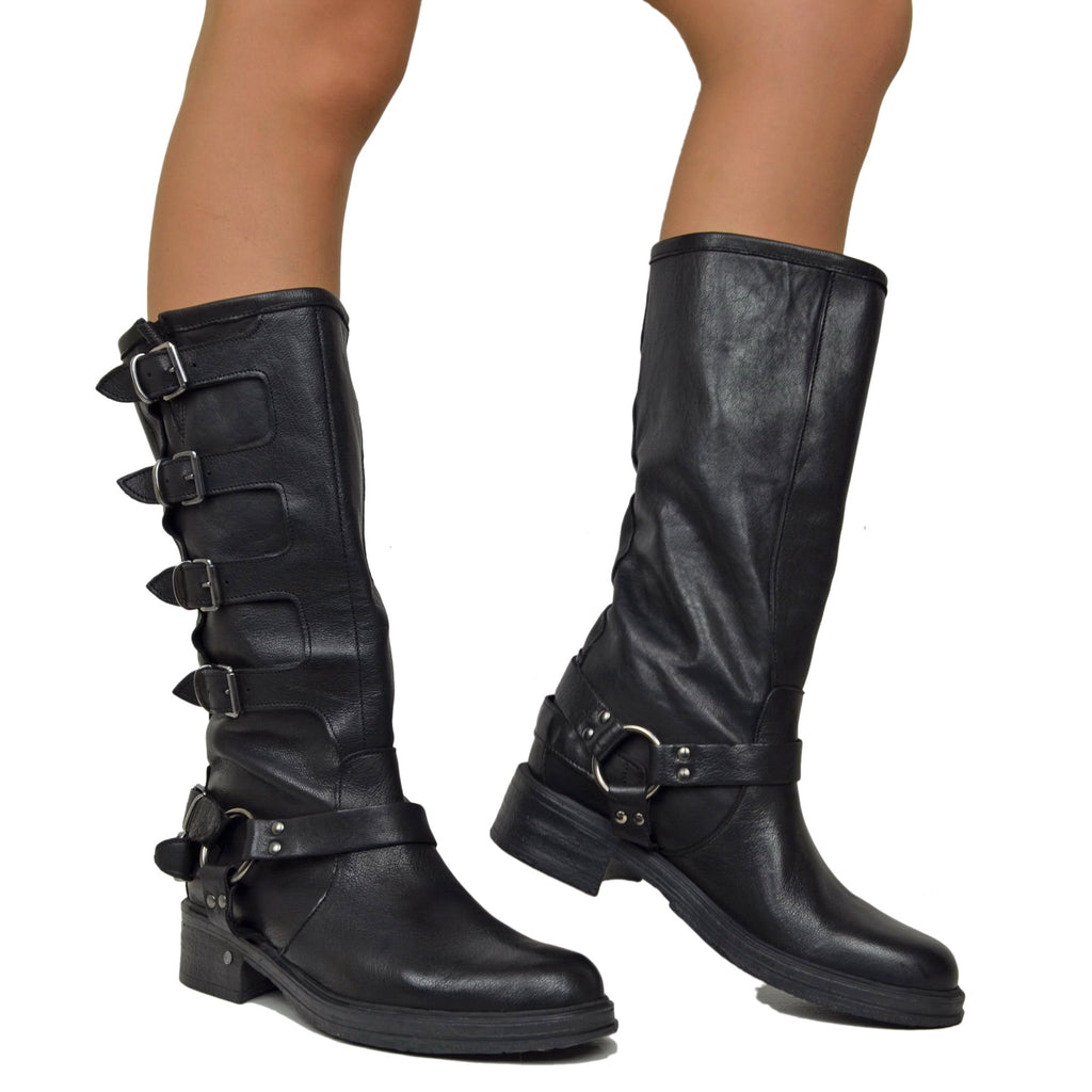 Black 5 Buckle Biker Boots with Rounded Toe in Leather - 4
