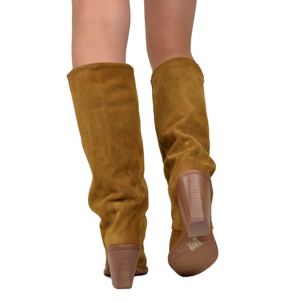 Suede Gaiter Texan Boots with Leather Heel - 6