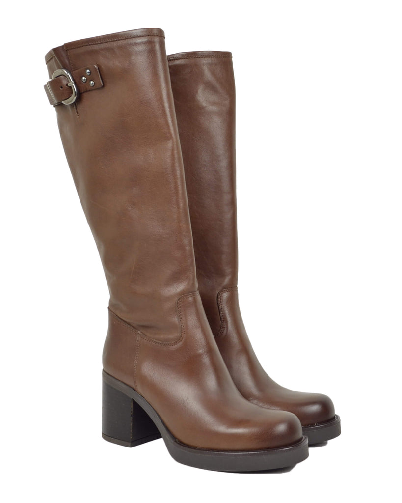 Damen Stiefel Hoch Braun Leder mit Blockabsatz Plateau und Schnalle – Made in Italy - 2