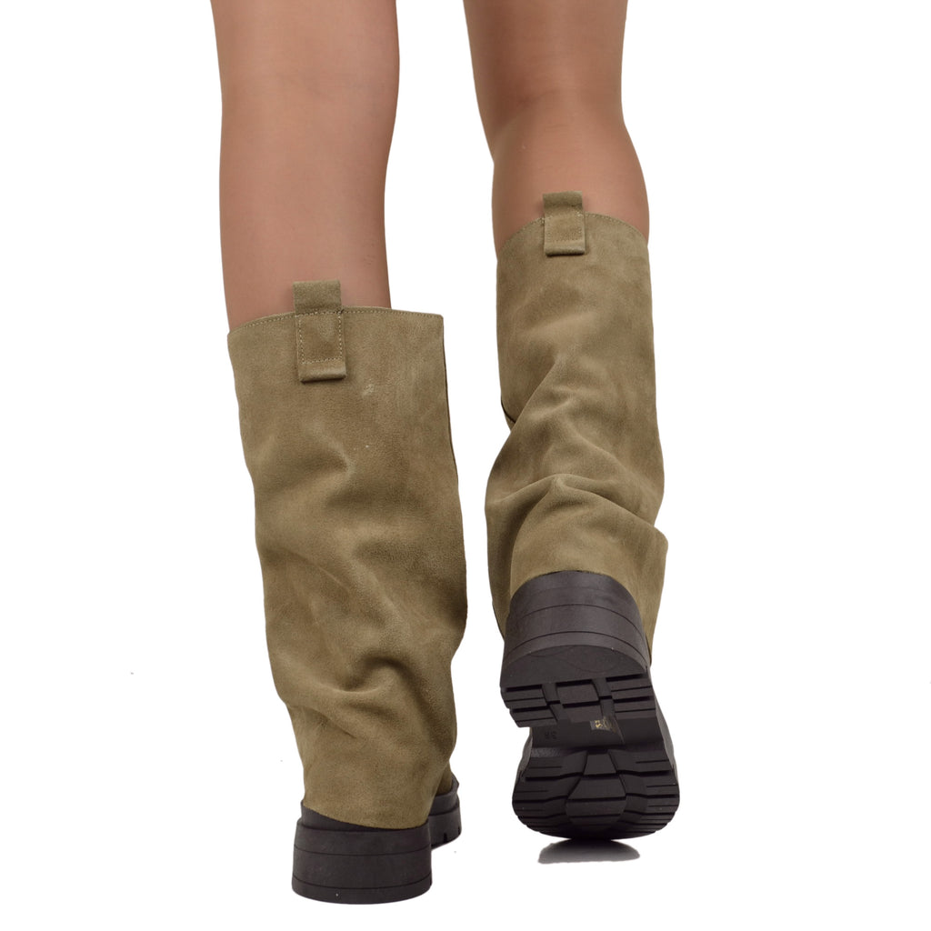 Biker Boots Taupe con Ghetta in Pelle Scamosciata Fondo Platform Pianta Larga - 3
