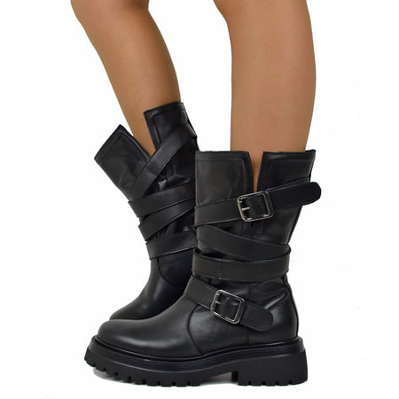 Women's Biker Boots in Tumbled Leather Made in Italy with Buckles