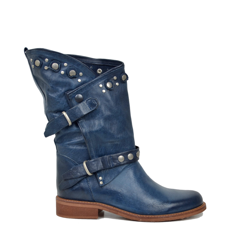 Women's Summer Biker Jeans Boots in Leather with Studs and Zip - 2