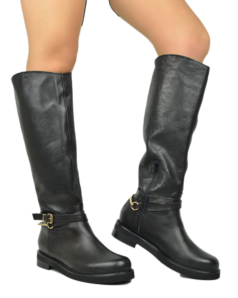 Stivali Cavallerizza Donna Pelle Nera con Catena e Zip - 4