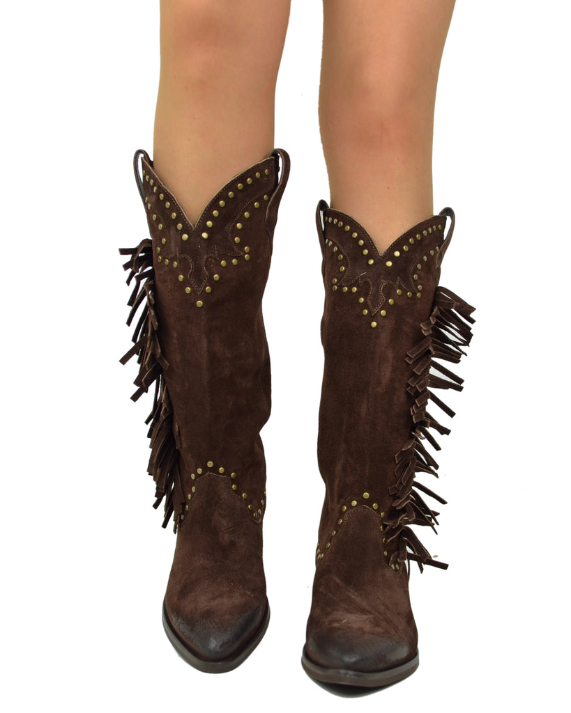 Brown Suede Fringed Cowboy Boots – Handmade in Italy - 4