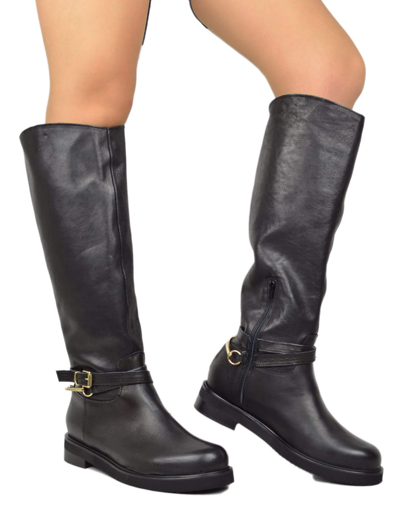 Stivali Cavallerizza Donna Pelle Nera con Catena e Zip - 5