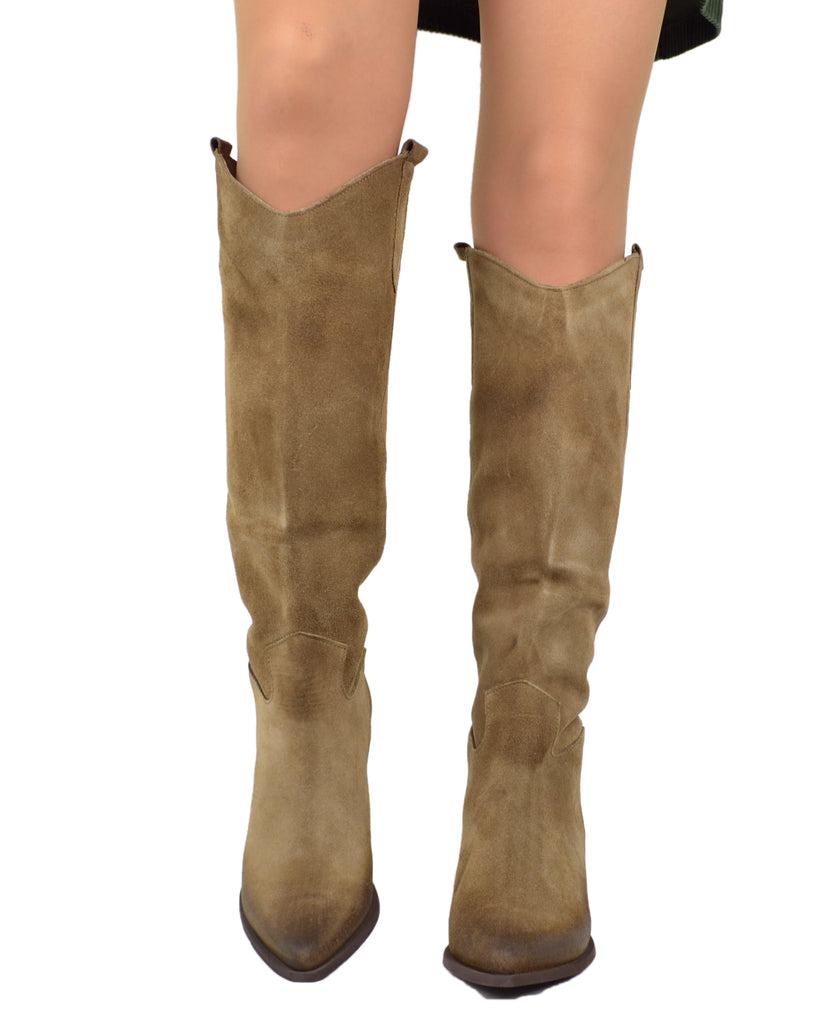 Damen Western Stiefel aus Wildleder Taupe – Made in Italy - 4