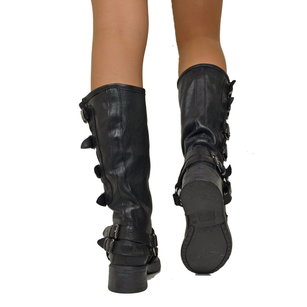 Black 5 Buckle Biker Boots with Rounded Toe in Leather - 5