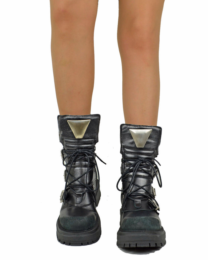Rock Grunge Platform Boots with 4 Buckles in Genuine Black Metallic Leather - 5