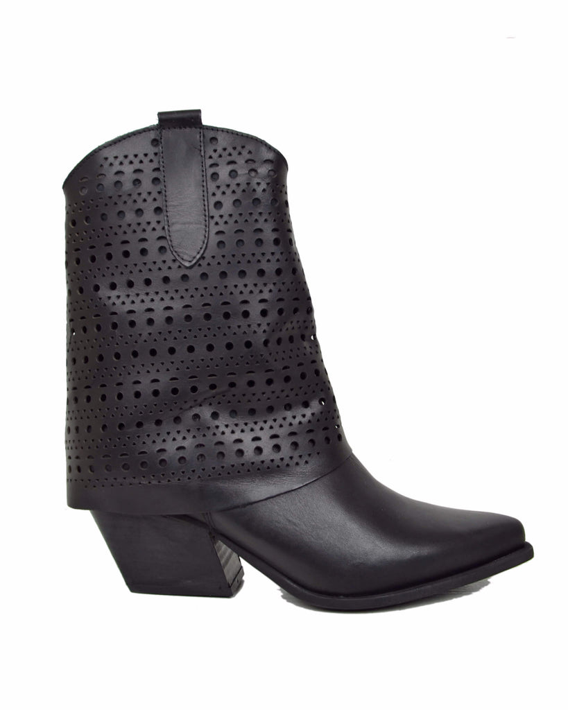 Texan Boots with Perforated Gaiter, 6 cm Heel, Genuine Black Leather - 2