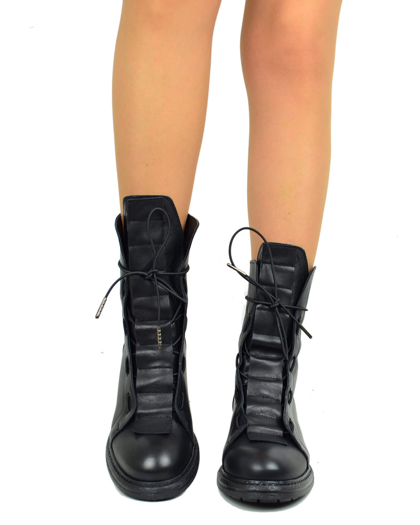 Anfibi Stringati con Laccio Elasticizzato Fondo Gomma Vera Pelle - 3