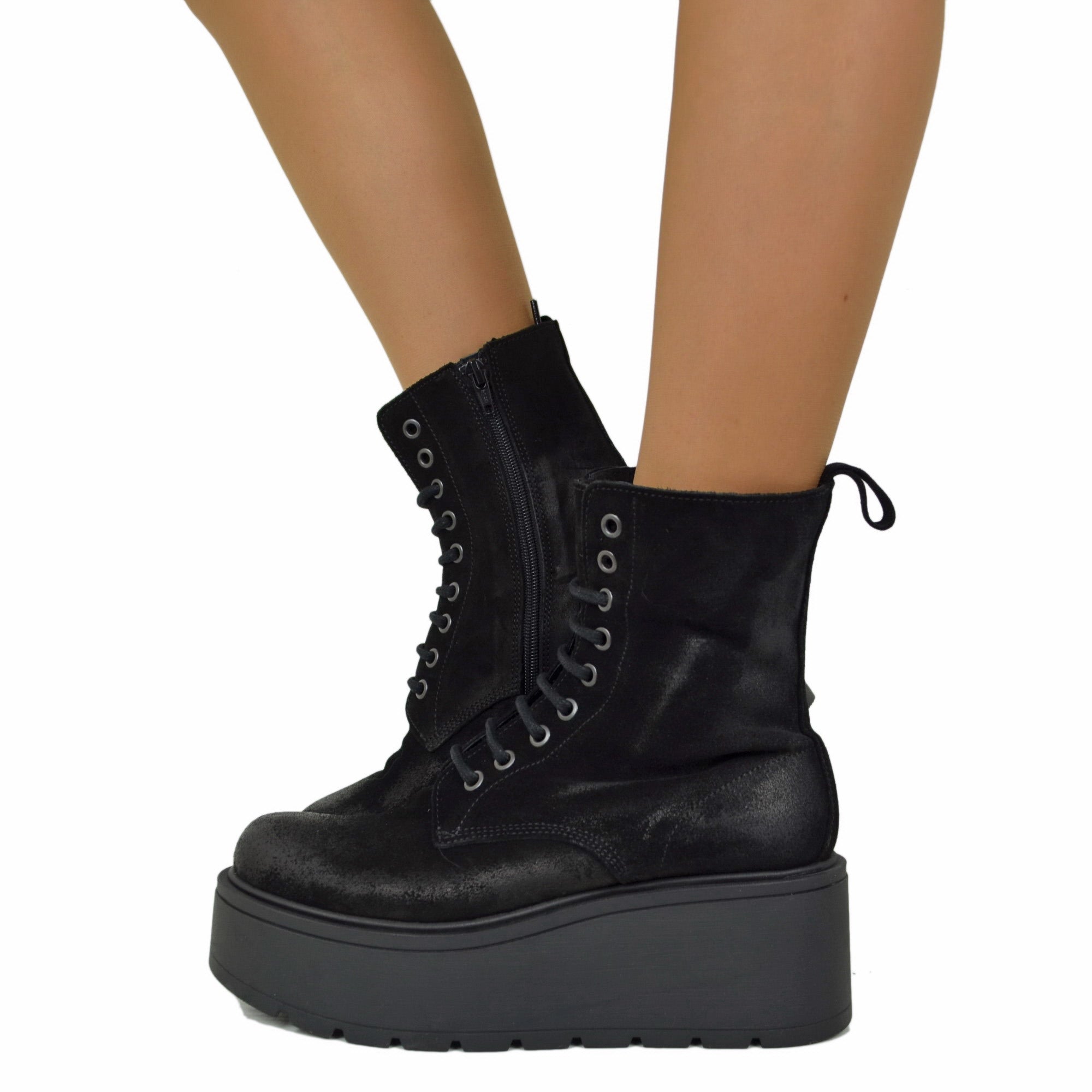 cm Platform Ankle Boots Soft Suede Chunky Boots Black