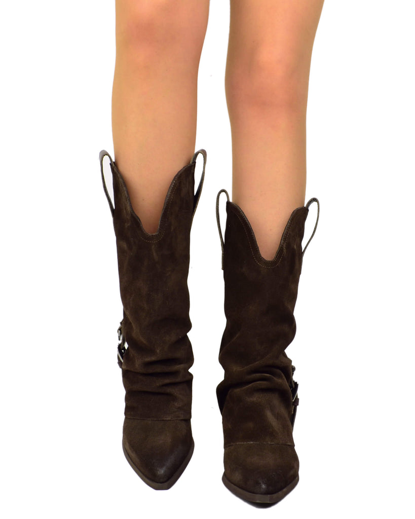 Stivali Texani Donna in Pelle Scamosciata Testa di Moro con Ghetta e Fibbia - 3